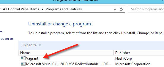 A screenshot of the Programs and Features window, with Vagrant listed as an installed program.